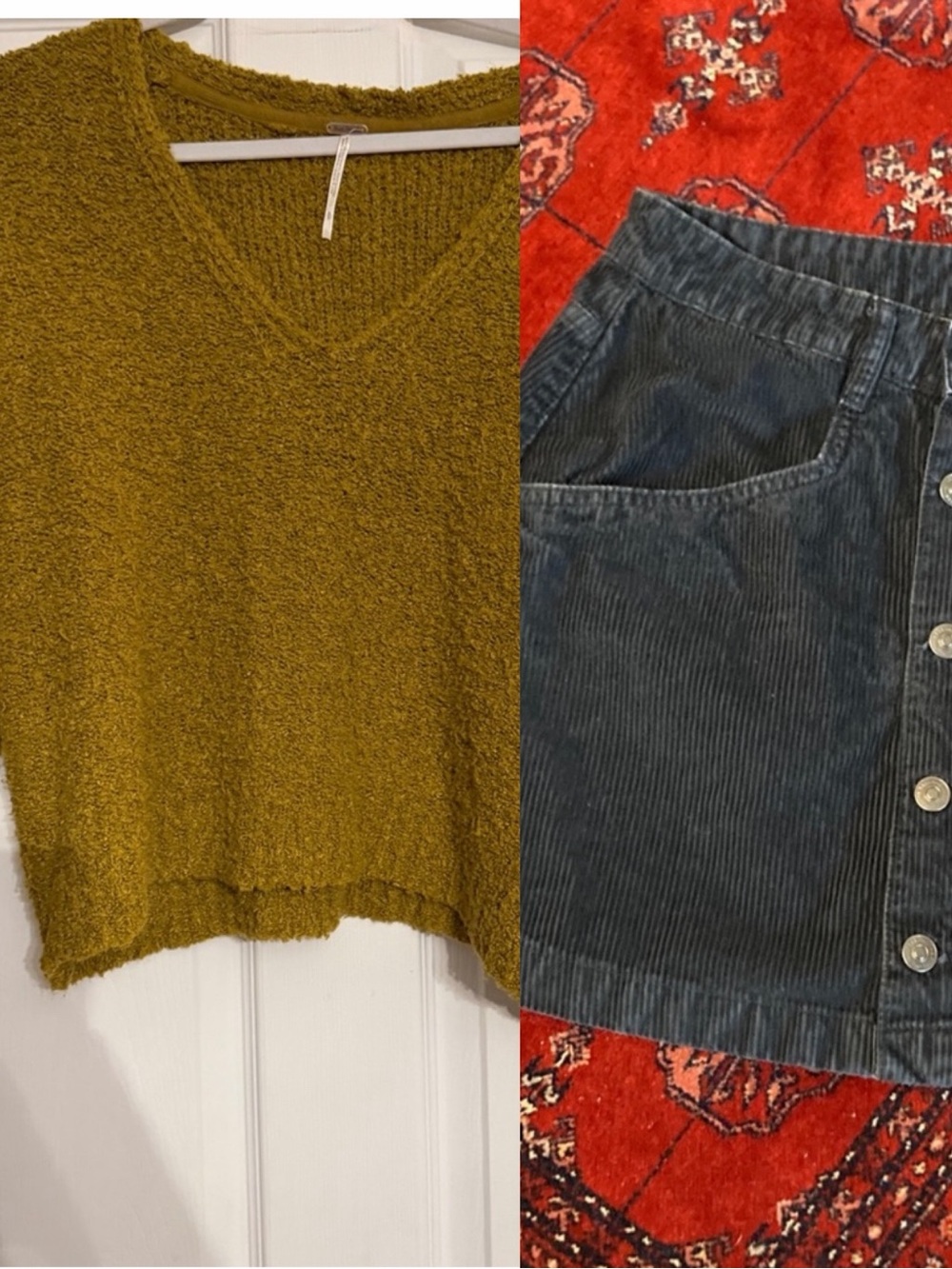 Free People bundle: Mustard V-Neck Sweater S& Charcoal Corduroy Button Skirt 10